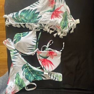SHEIN White and Green Swim Coverup with Tropical Design